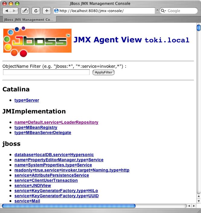 The JBoss JMX console web application agent view