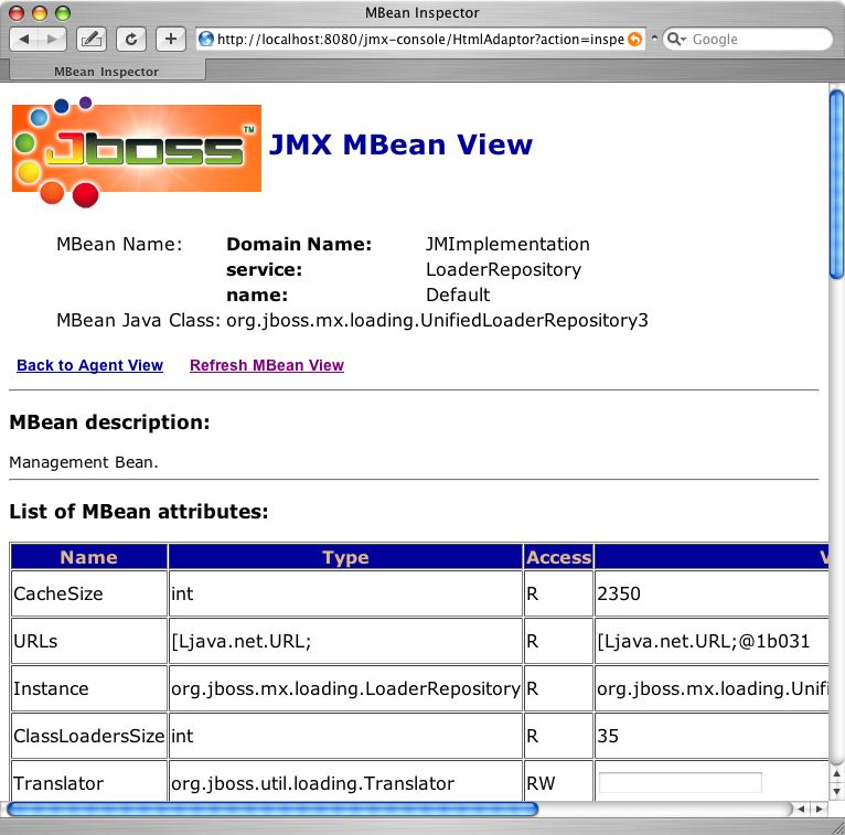 The default class LoaderRepository MBean view in the JMX console