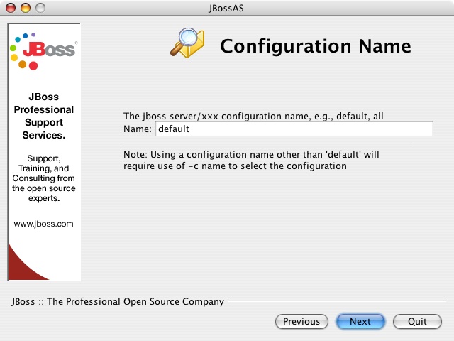 The JBoss installer configuration name screen