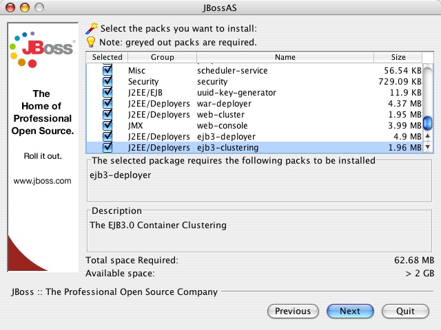 The JBoss installer package selection screen