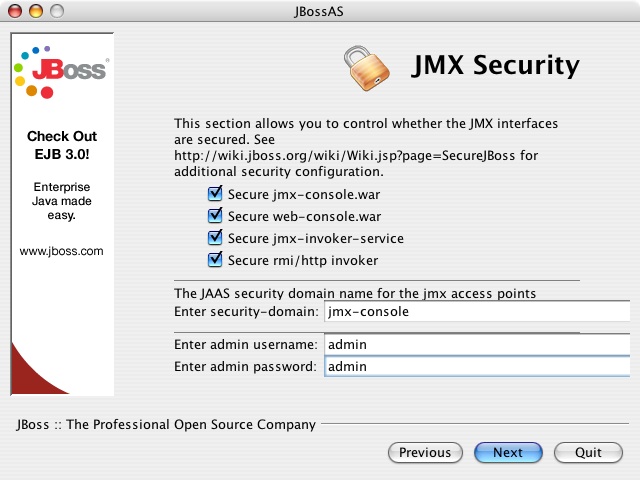 The JBoss installer security configuration screen