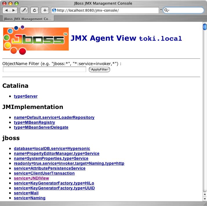 The JMX Console view of the configured JBoss MBeans